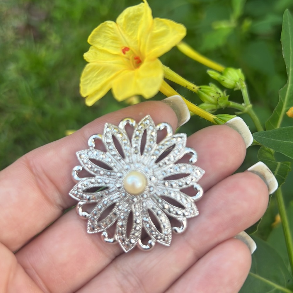 Vintage Sterling Silver Theda Marcasite Flower Cultured Pearl Brooch or Pin
